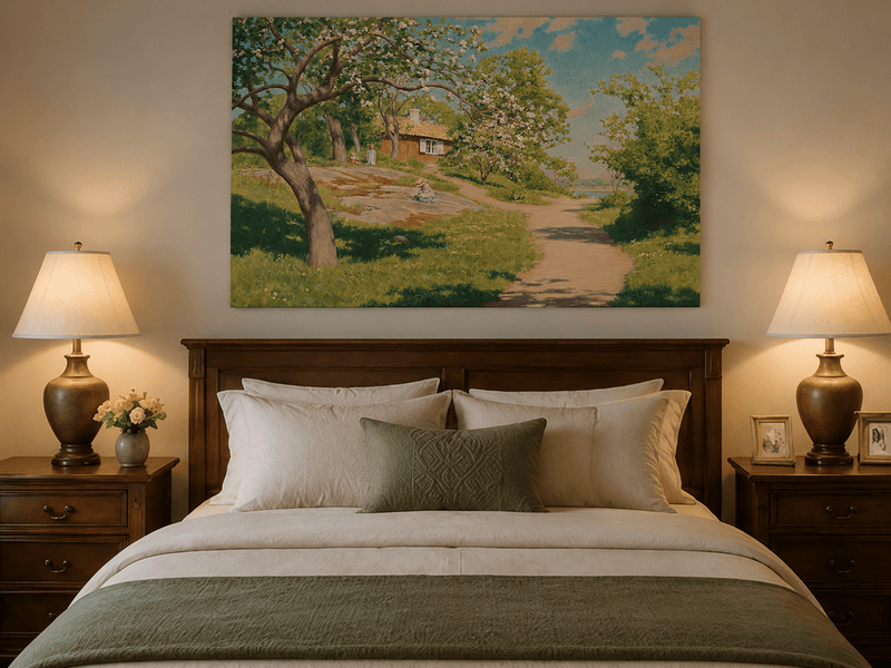 Landscape Oil Painting - Spring Garden Path Blossoming Trees
