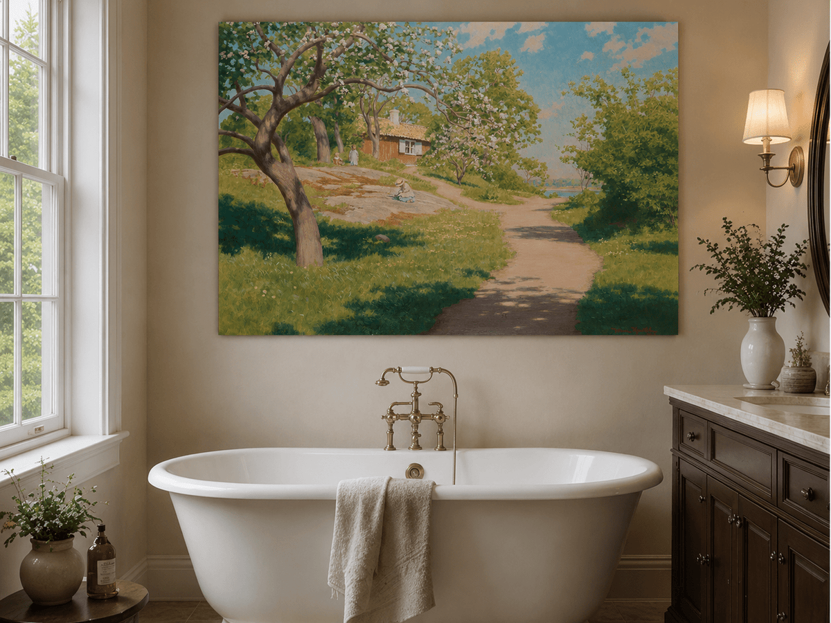 Landscape Oil Painting - Spring Garden Path Blossoming Trees