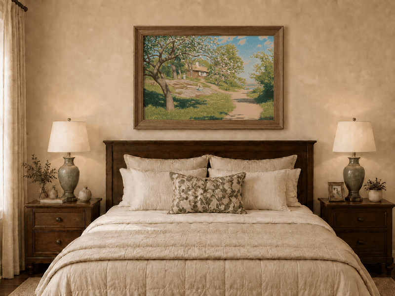 Landscape Oil Painting - Spring Garden Path Blossoming Trees