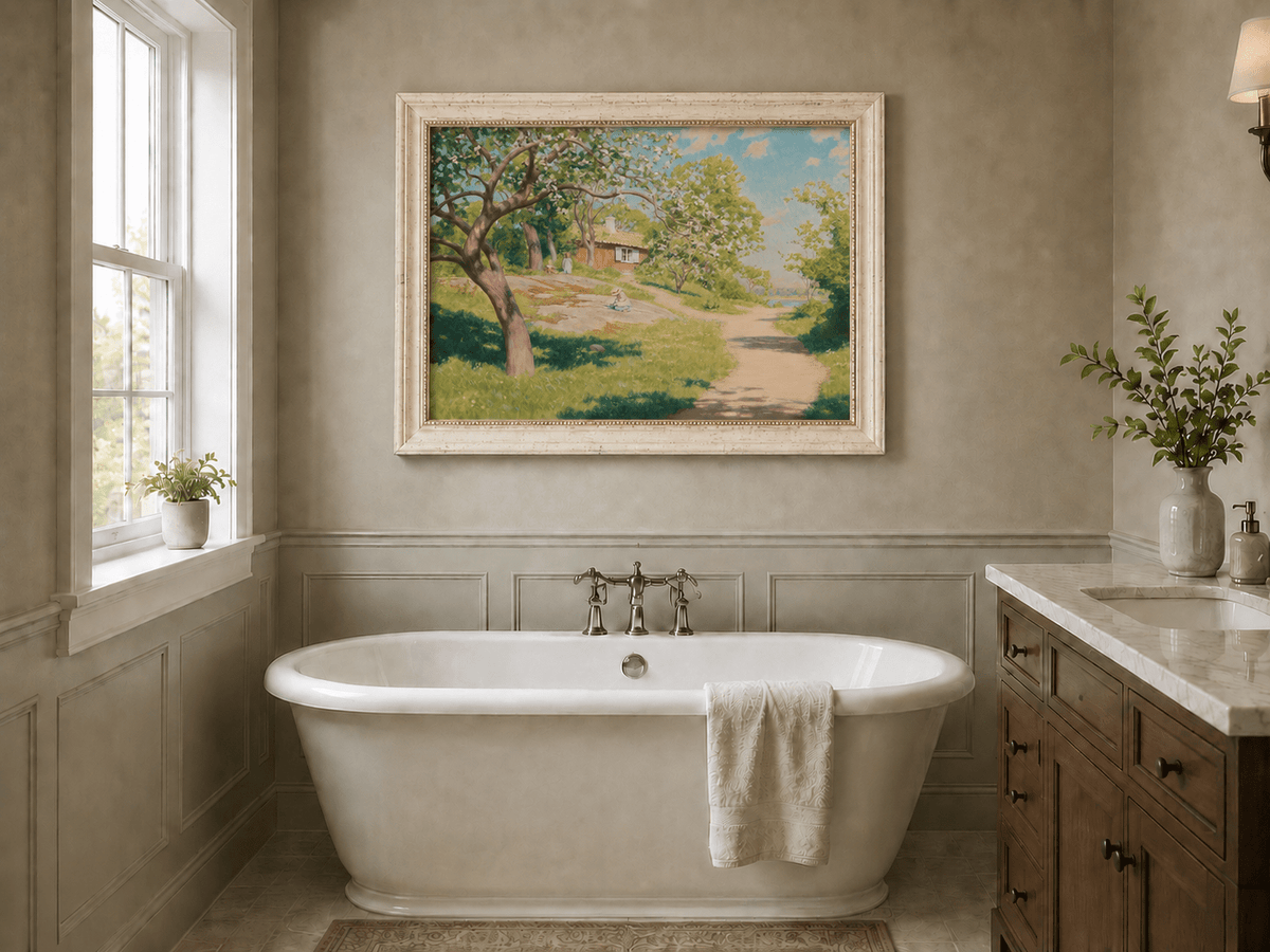 Landscape Oil Painting - Spring Garden Path Blossoming Trees