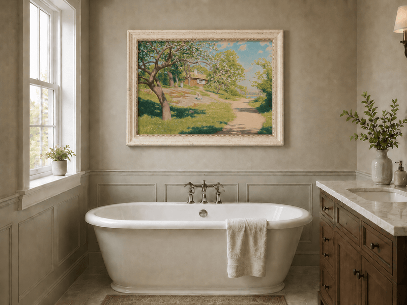 Landscape Oil Painting - Spring Garden Path Blossoming Trees
