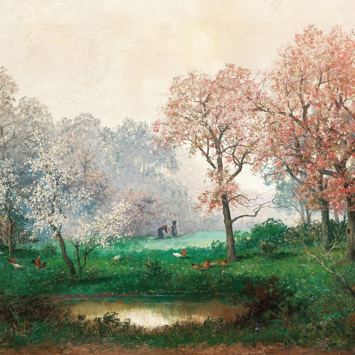 Hand-painted spring meadow with blooming trees landscape oil painting on canvas