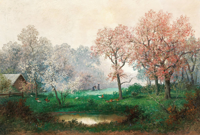 Hand-painted spring meadow with blooming trees landscape oil painting on canvas
