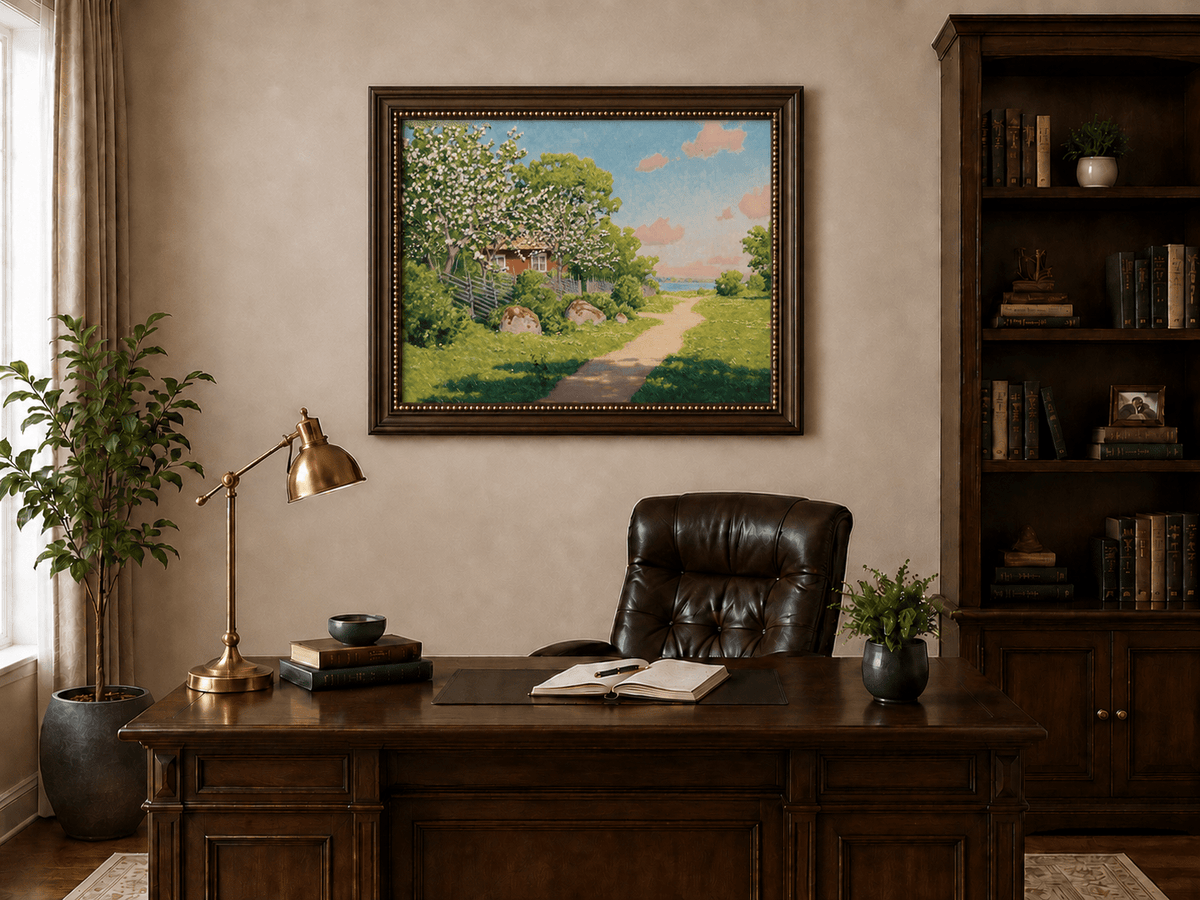 Landscape Oil Painting - Spring Orchard Path by the Lake