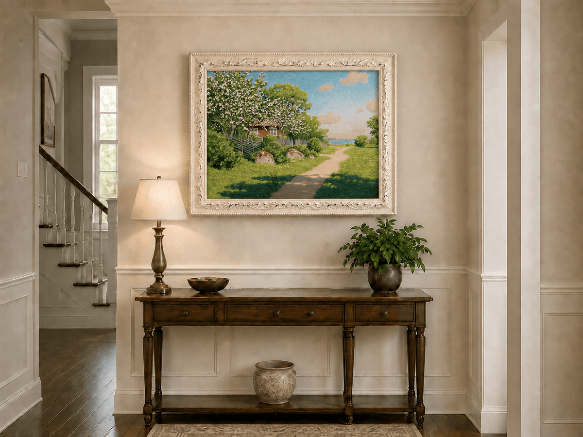 Landscape Oil Painting - Spring Orchard Path by the Lake
