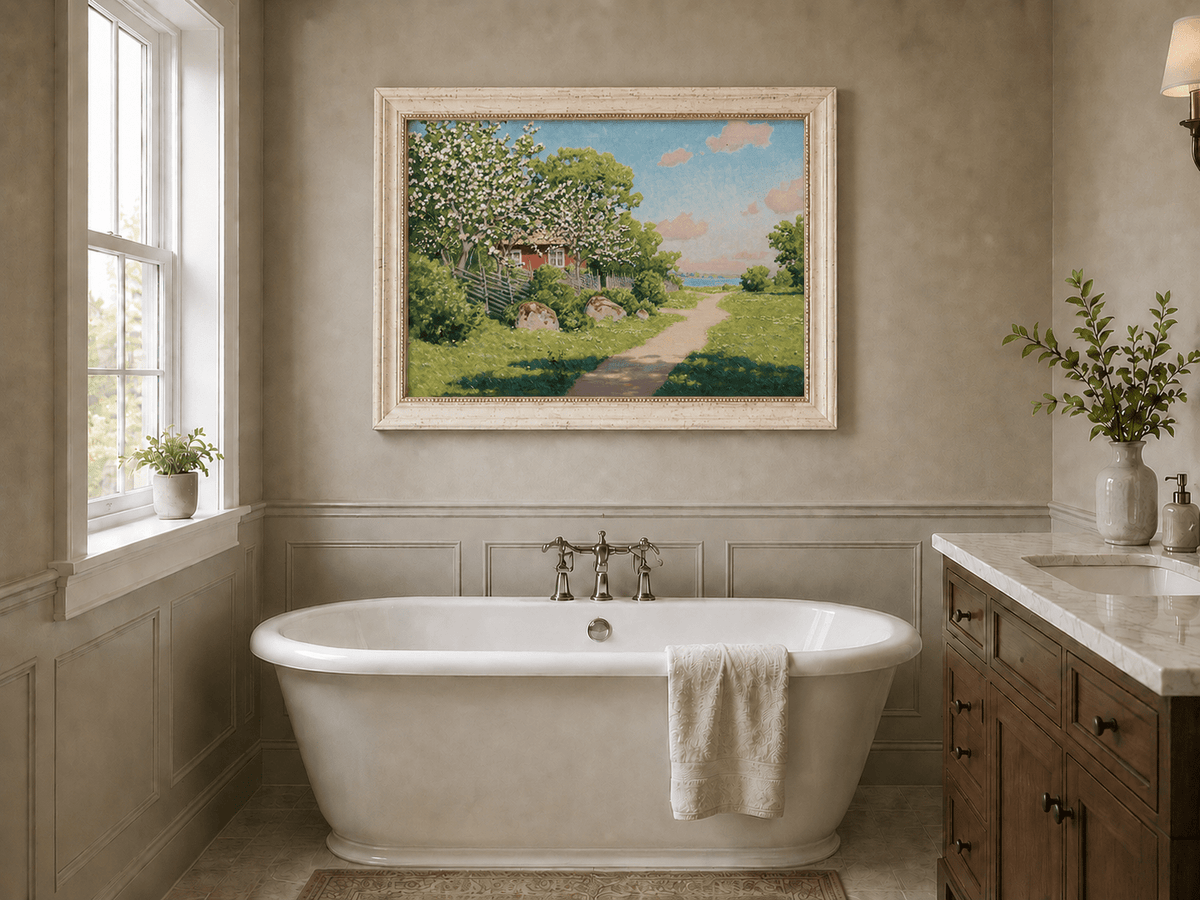 Landscape Oil Painting - Spring Orchard Path by the Lake