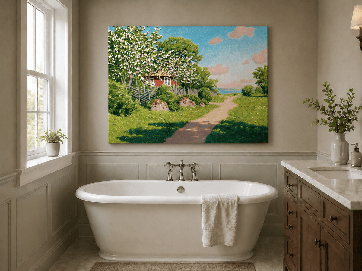 Landscape Oil Painting - Spring Orchard Path by the Lake