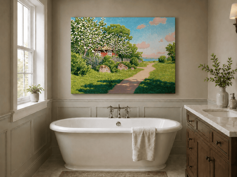 Landscape Oil Painting - Spring Orchard Path by the Lake
