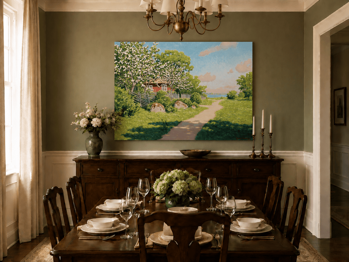 Landscape Oil Painting - Spring Orchard Path by the Lake