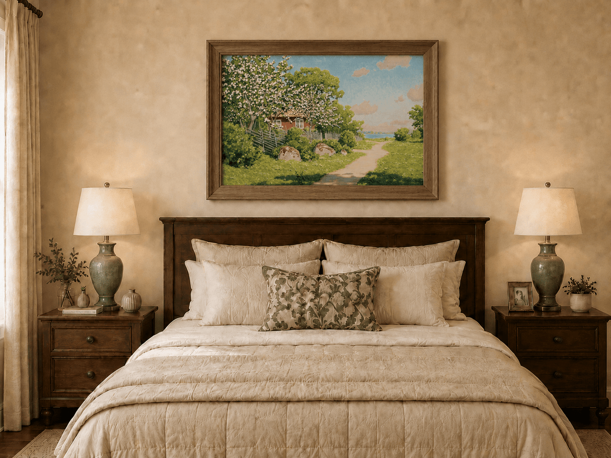Landscape Oil Painting - Spring Orchard Path by the Lake
