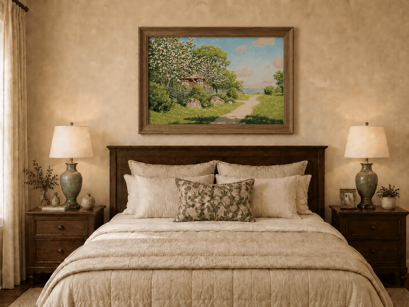 Landscape Oil Painting - Spring Orchard Path by the Lake