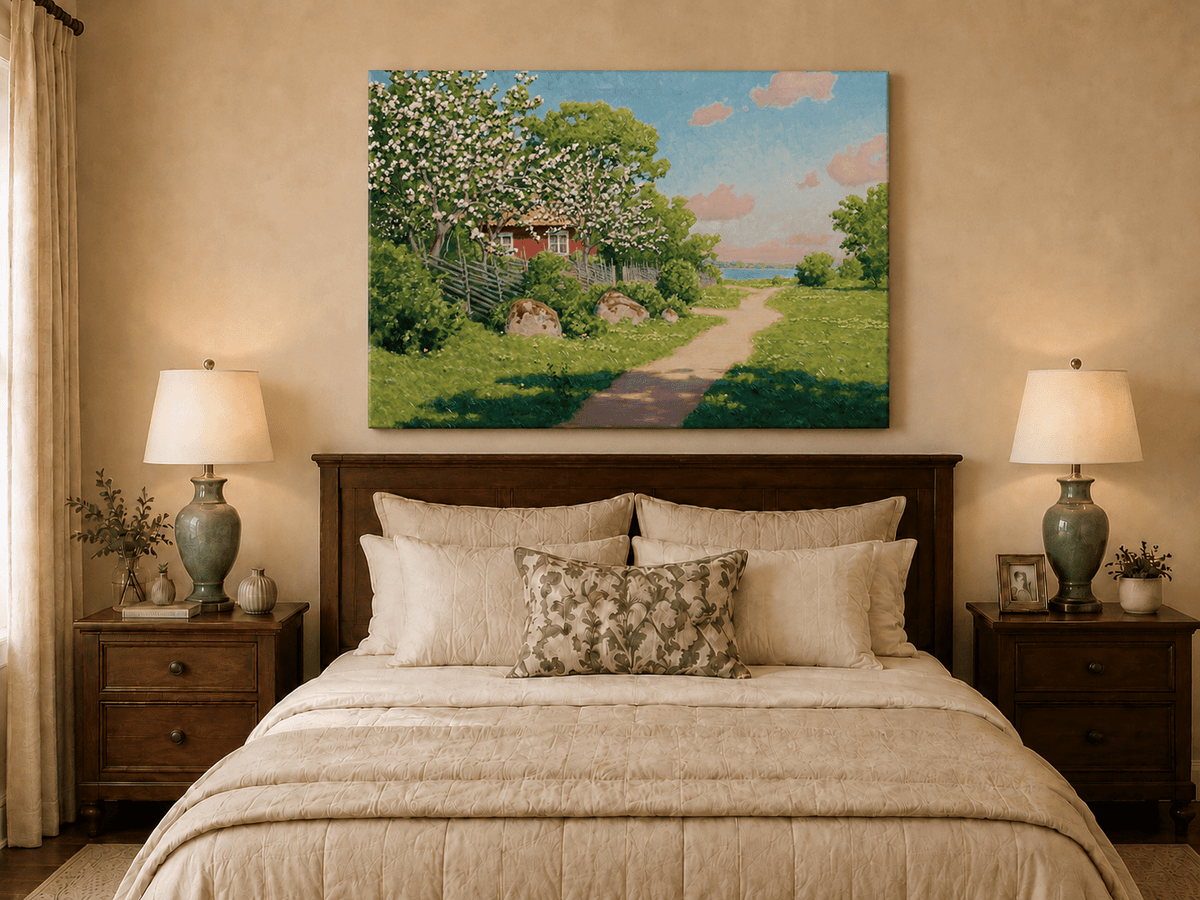 Landscape Oil Painting - Spring Orchard Path by the Lake