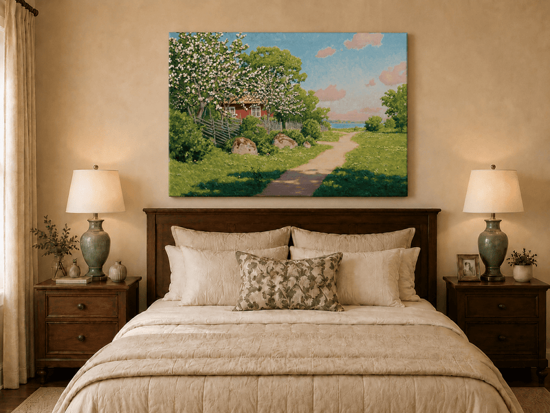 Landscape Oil Painting - Spring Orchard Path by the Lake