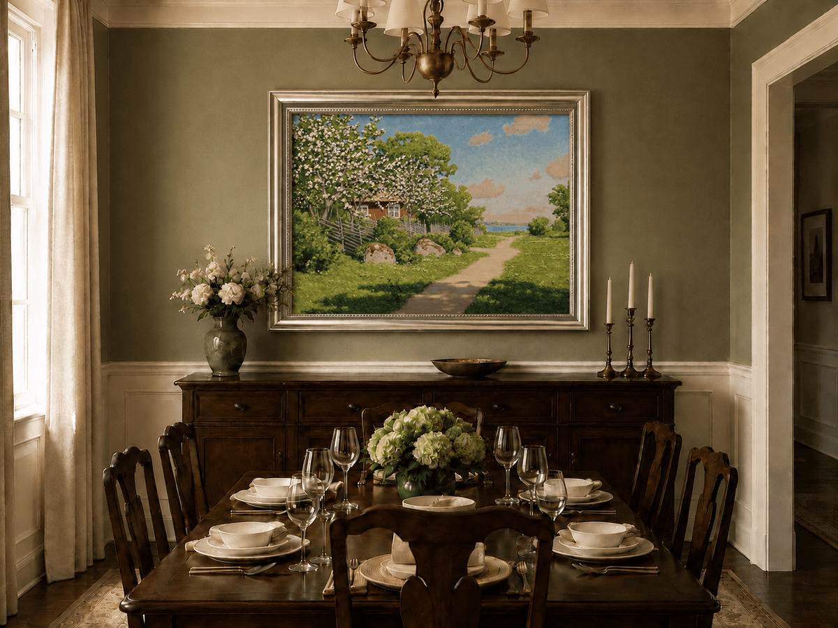 Landscape Oil Painting - Spring Orchard Path by the Lake