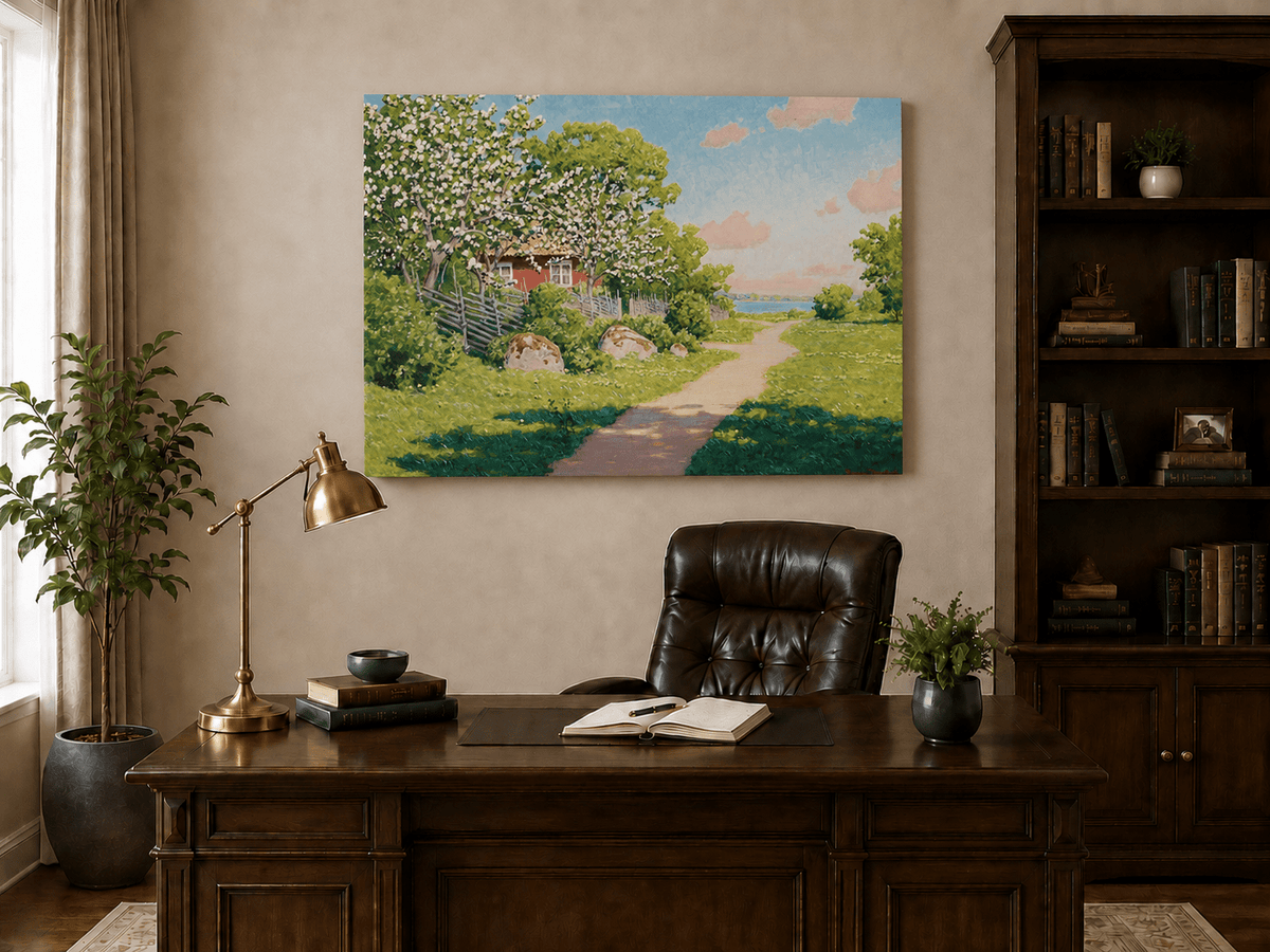 Landscape Oil Painting - Spring Orchard Path by the Lake