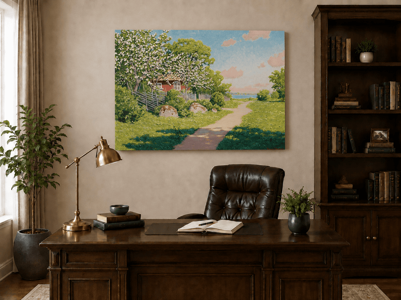 Landscape Oil Painting - Spring Orchard Path by the Lake