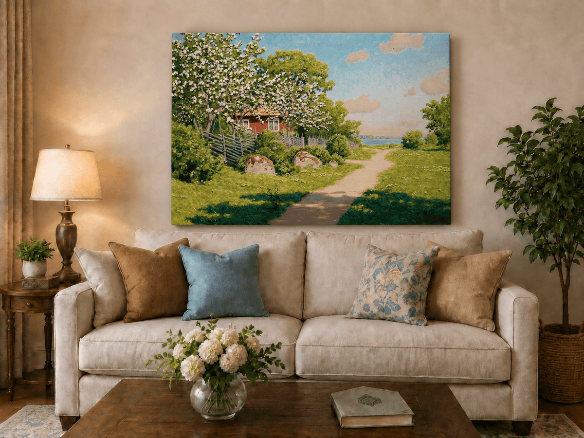 Landscape Oil Painting - Spring Orchard Path by the Lake