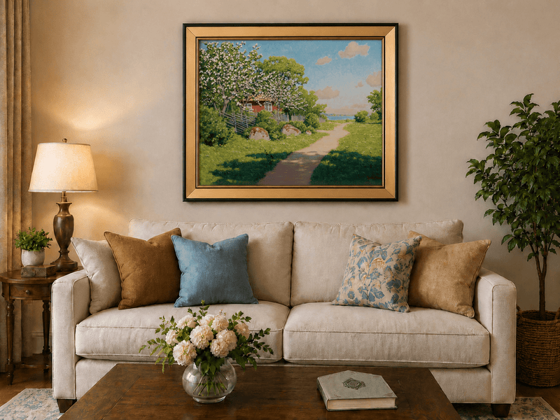 Landscape Oil Painting - Spring Orchard Path by the Lake