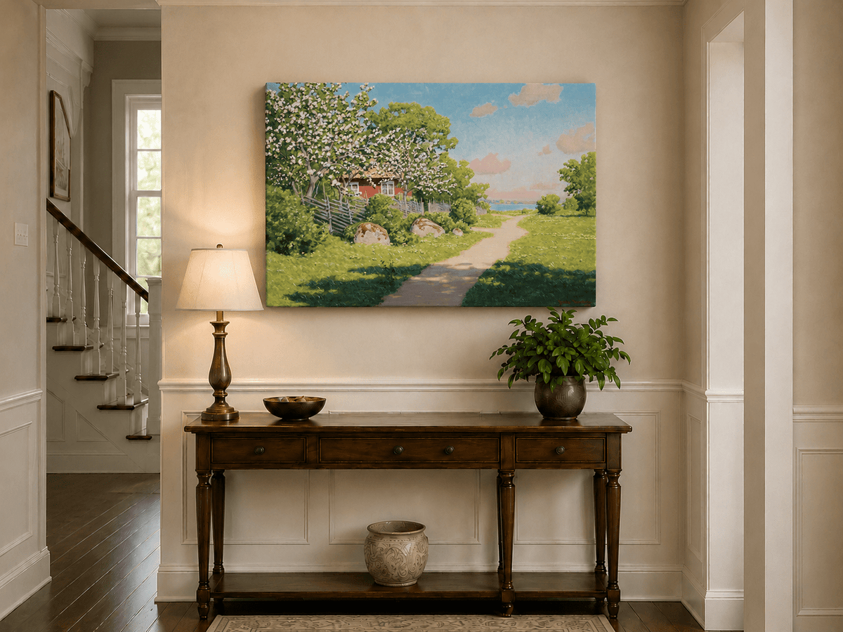 Landscape Oil Painting - Spring Orchard Path by the Lake