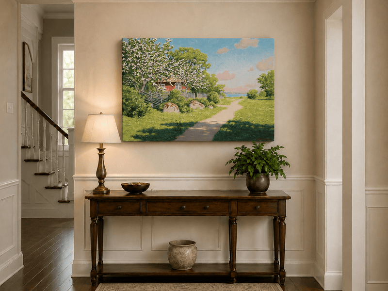 Landscape Oil Painting - Spring Orchard Path by the Lake