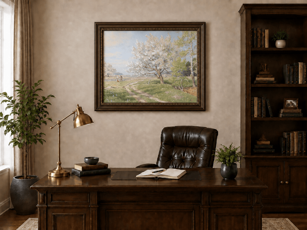 Peinture à l'huile de paysage - Rivière printanière avec pêcheur et arbres