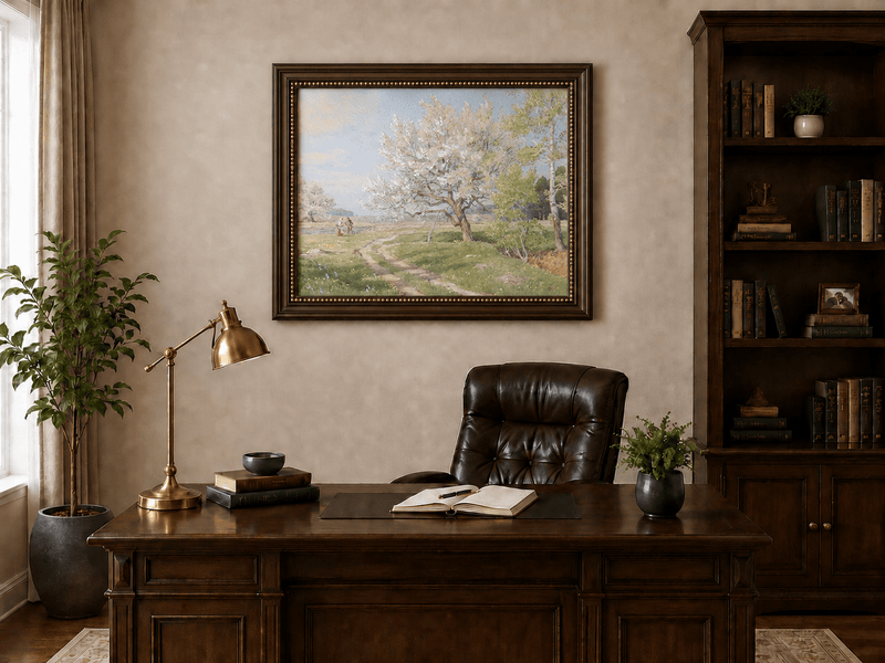 Peinture à l'huile de paysage - Rivière printanière avec pêcheur et arbres