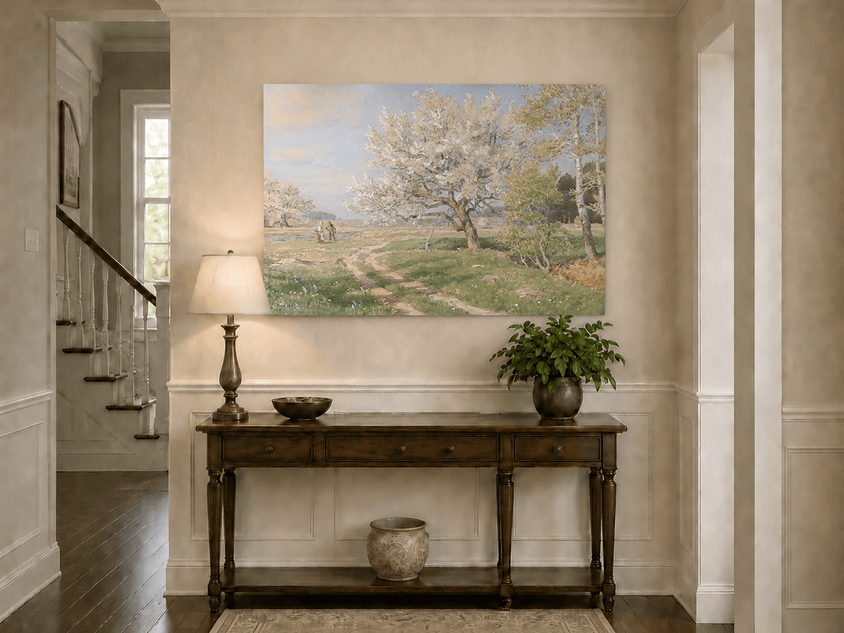 Peinture à l'huile de paysage - Rivière printanière avec pêcheur et arbres