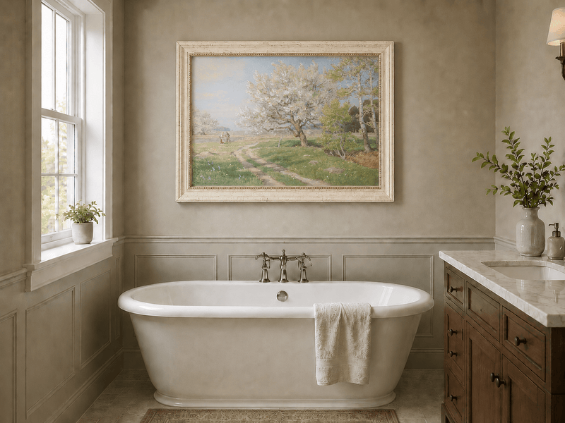 Peinture à l'huile de paysage - Rivière printanière avec pêcheur et arbres