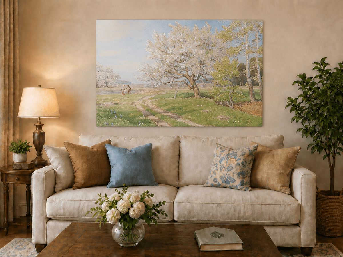 Peinture à l'huile de paysage - Rivière printanière avec pêcheur et arbres