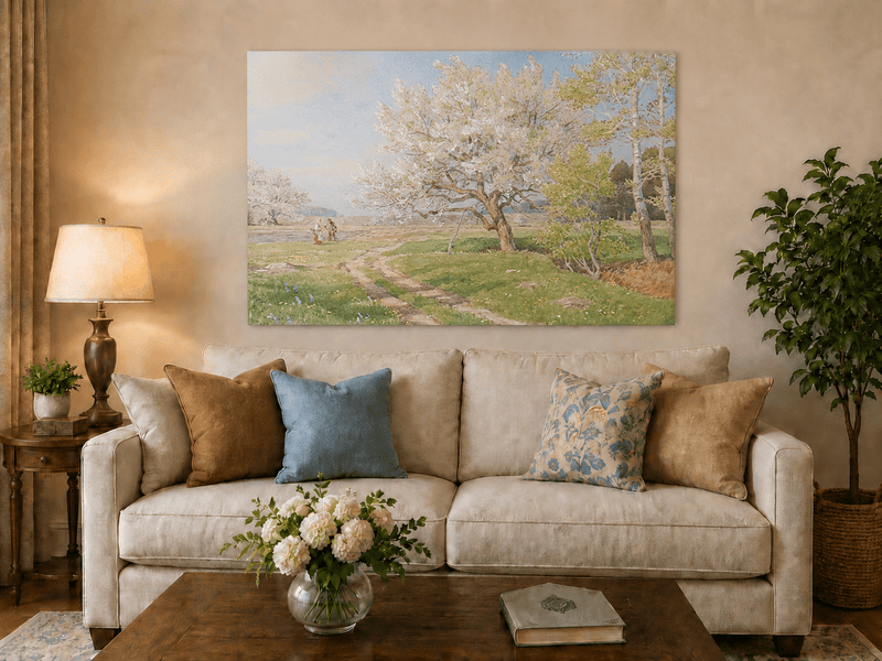 Peinture à l'huile de paysage - Rivière printanière avec pêcheur et arbres