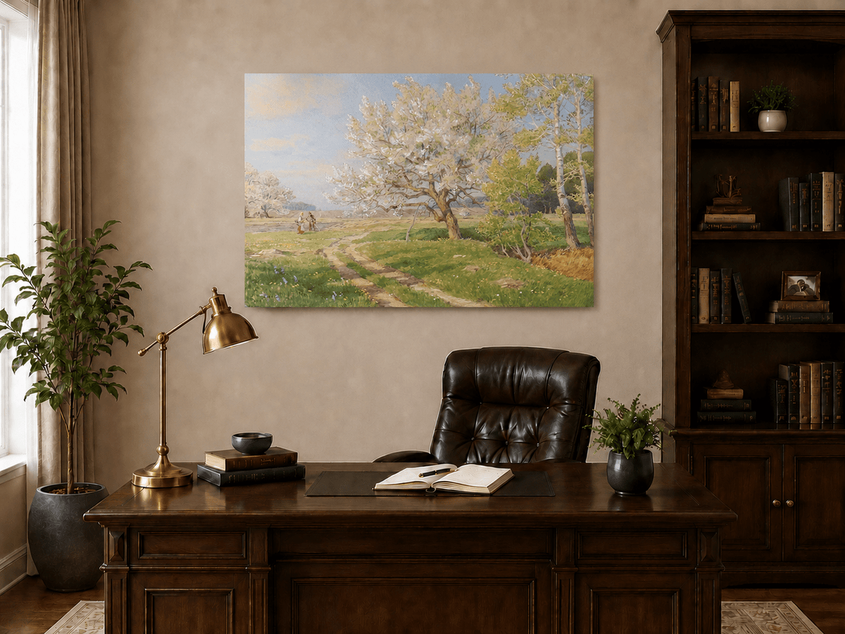 Peinture à l'huile de paysage - Rivière printanière avec pêcheur et arbres