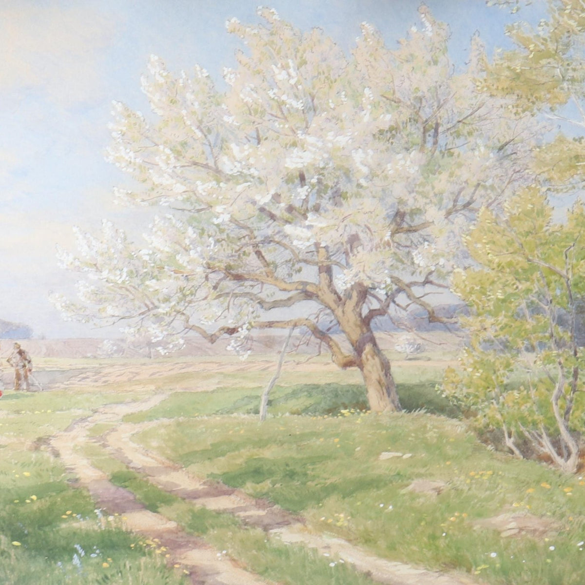 Landscape Oil Painting - Spring Orchard Path with Farm Couple - Oil Painting Haven