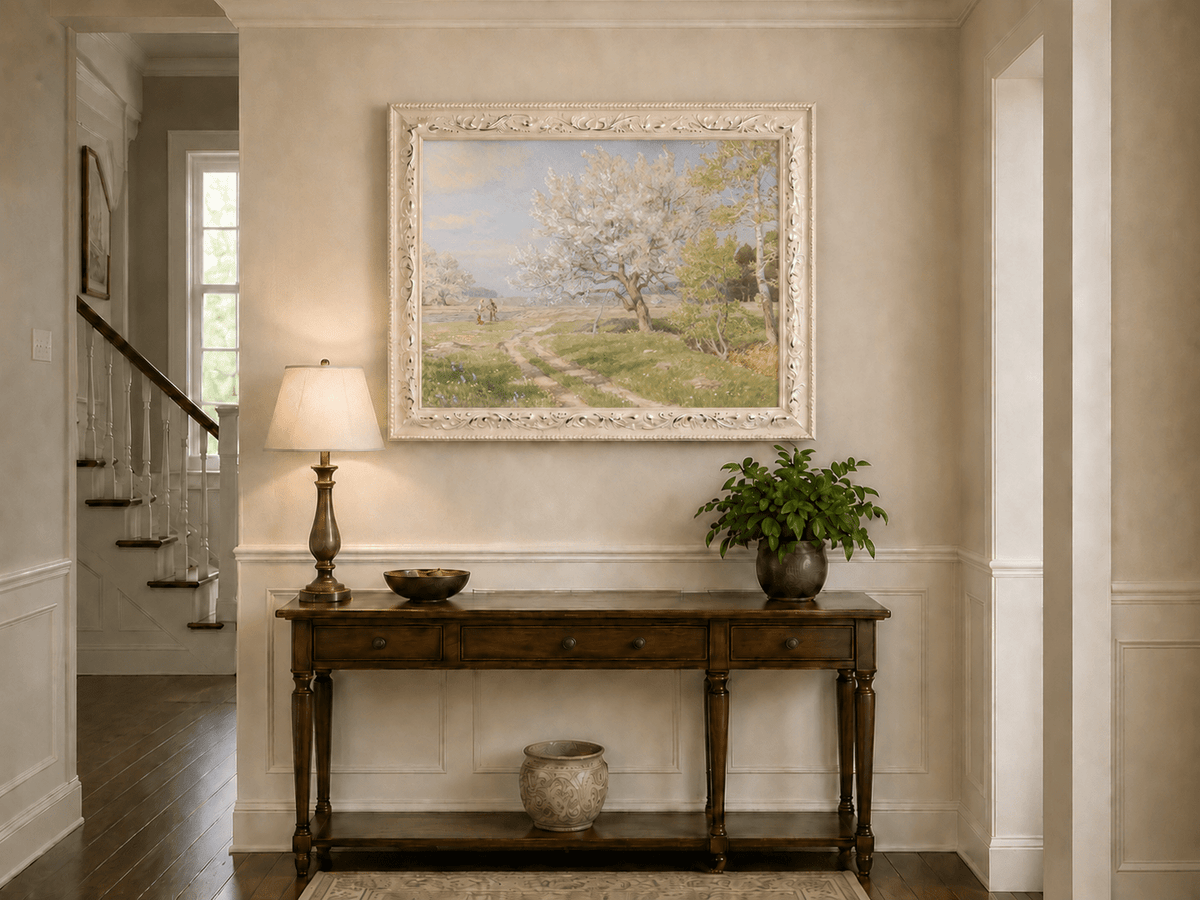 Peinture à l'huile de paysage - Rivière printanière avec pêcheur et arbres