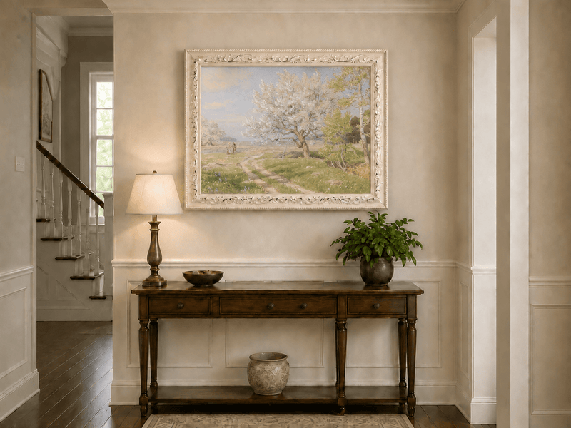 Peinture à l'huile de paysage - Rivière printanière avec pêcheur et arbres