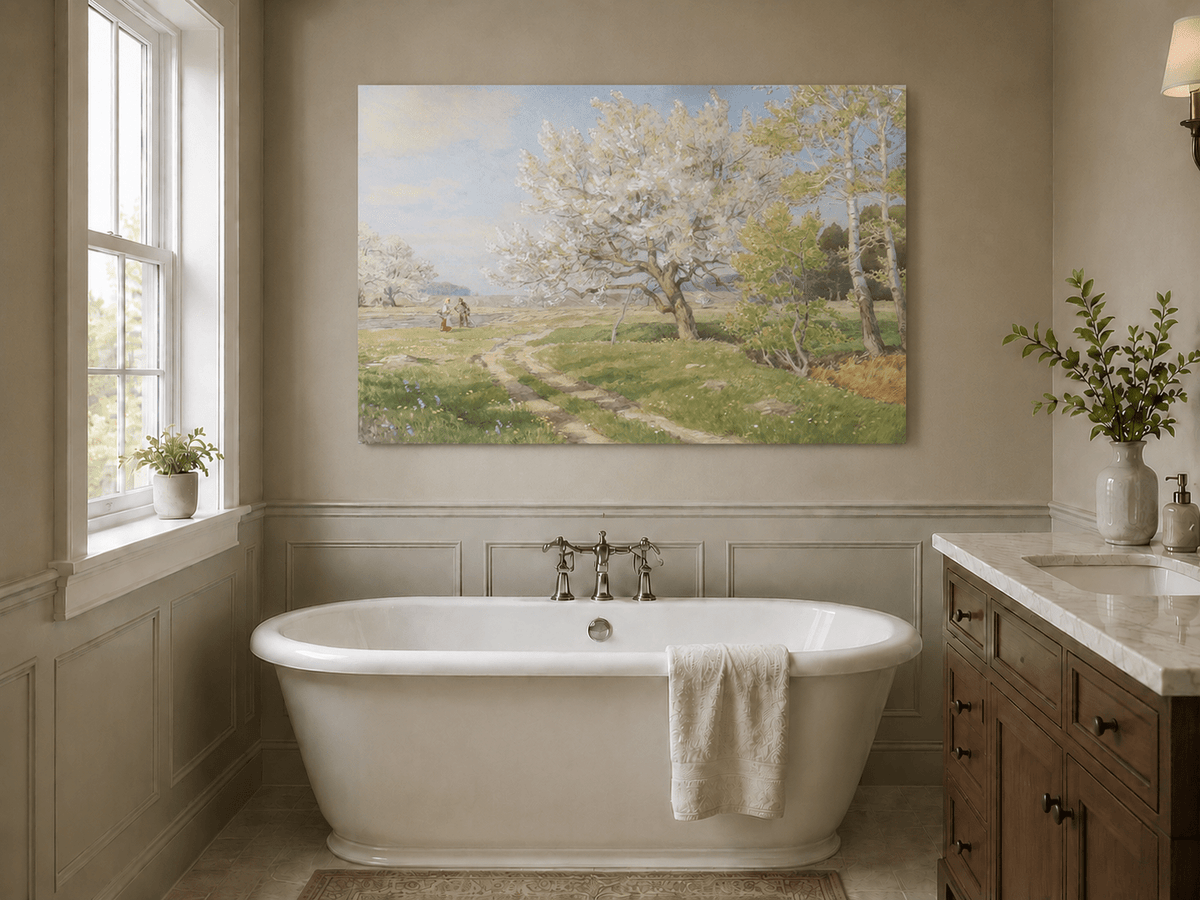 Peinture à l'huile de paysage - Rivière printanière avec pêcheur et arbres
