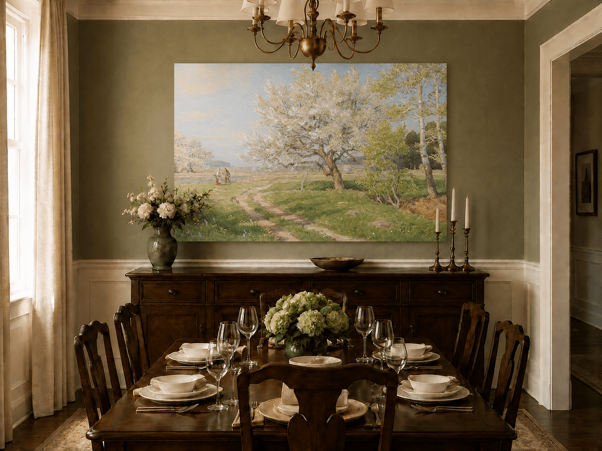 Peinture à l'huile de paysage - Rivière printanière avec pêcheur et arbres