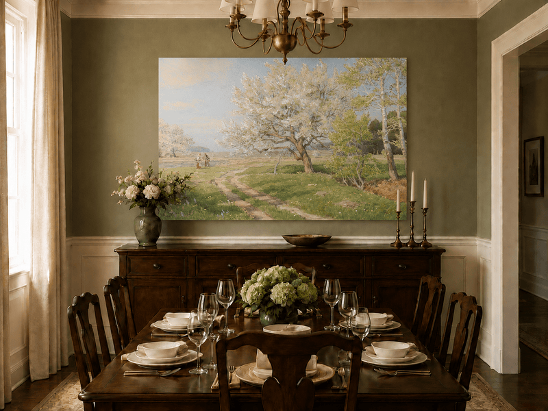 Peinture à l'huile de paysage - Rivière printanière avec pêcheur et arbres