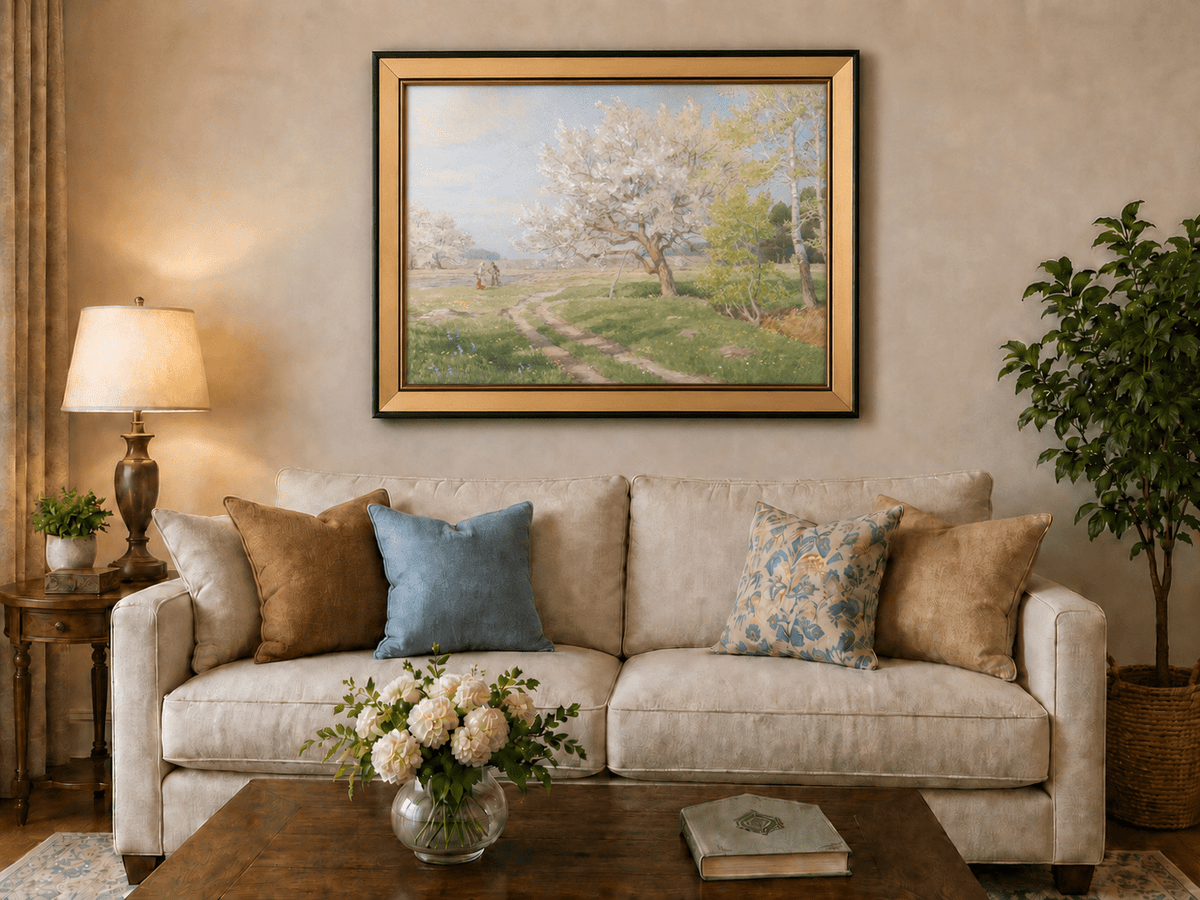 Peinture à l'huile de paysage - Rivière printanière avec pêcheur et arbres