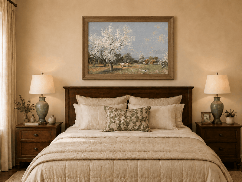 Landscape Oil Painting - Spring Pasture Cows & Blossoming Trees