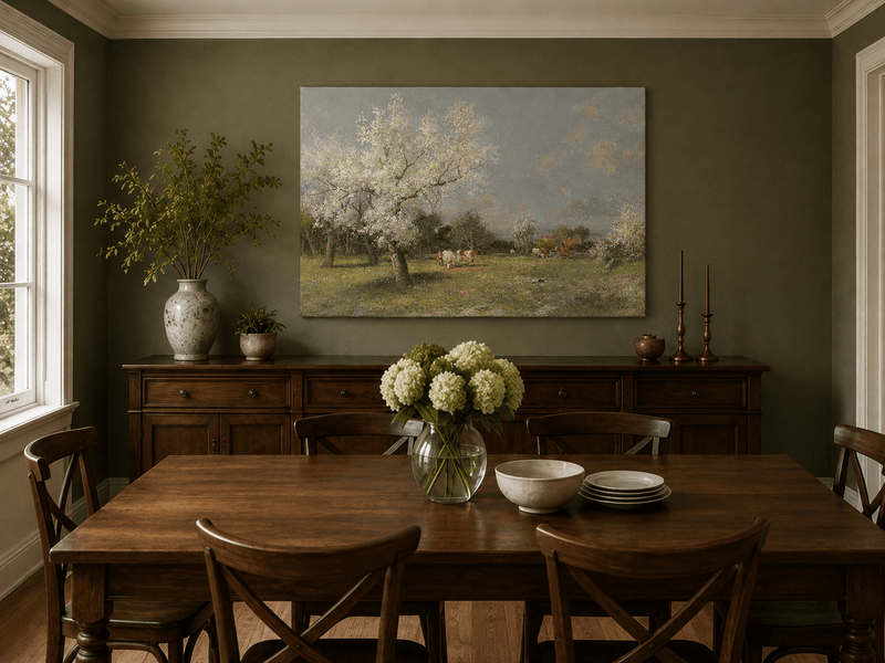 Landscape Oil Painting - Spring Pasture Cows & Blossoming Trees