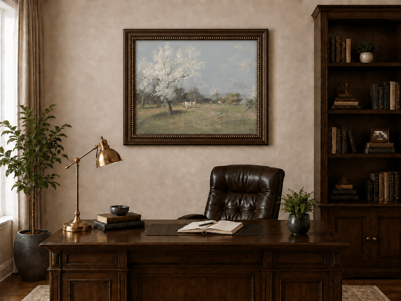 Landscape Oil Painting - Spring Pasture Cows & Blossoming Trees