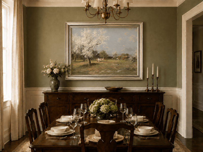 Landscape Oil Painting - Spring Pasture Cows & Blossoming Trees
