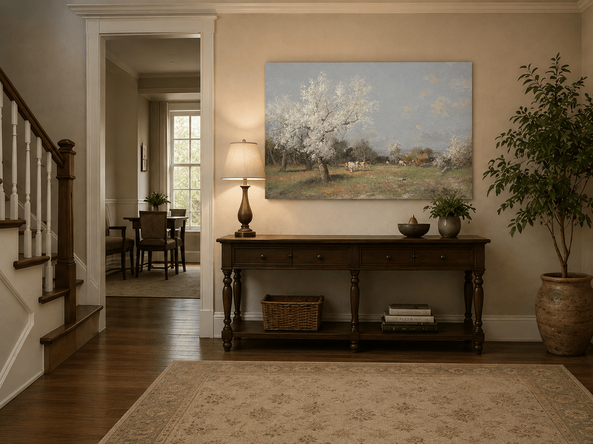 Landscape Oil Painting - Spring Pasture Cows & Blossoming Trees