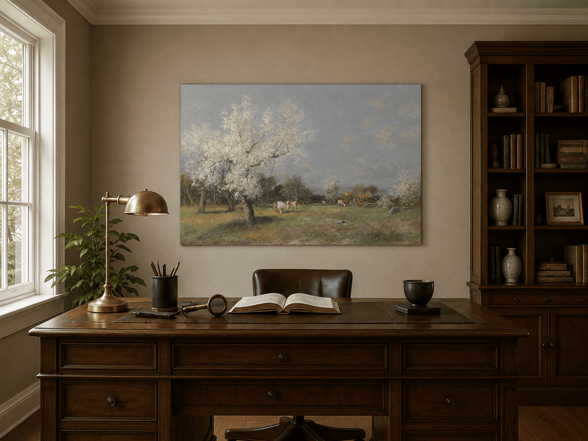 Landscape Oil Painting - Spring Pasture Cows & Blossoming Trees