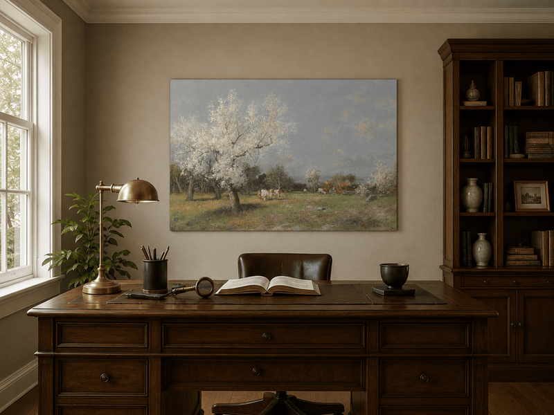 Landscape Oil Painting - Spring Pasture Cows & Blossoming Trees
