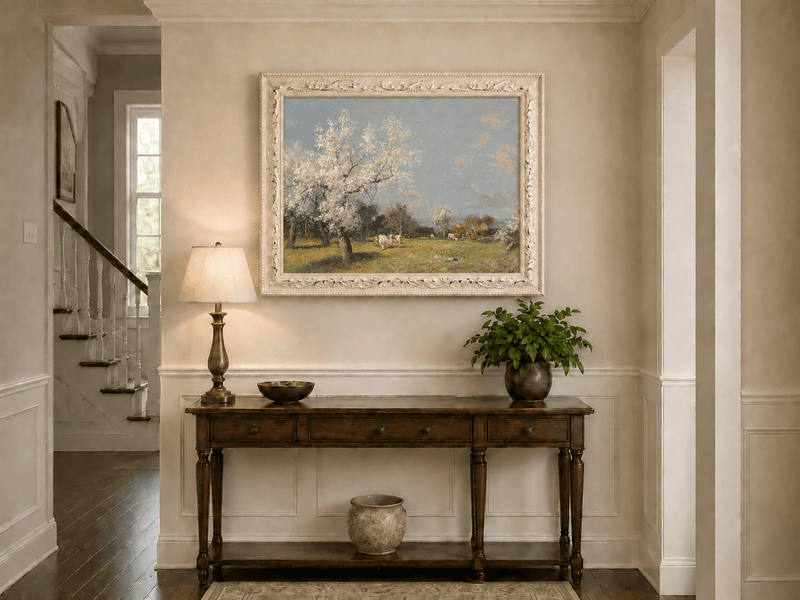 Landscape Oil Painting - Spring Pasture Cows & Blossoming Trees