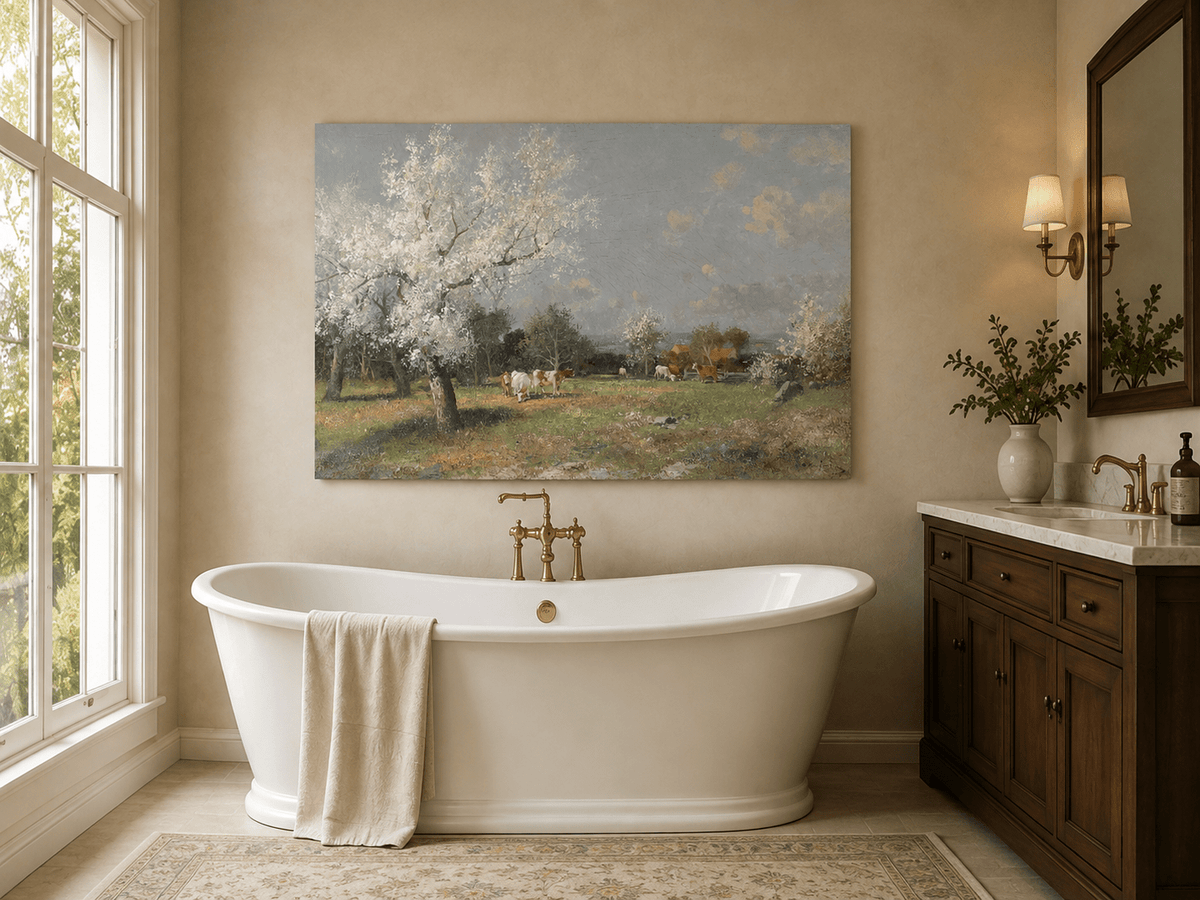 Landscape Oil Painting - Spring Pasture Cows & Blossoming Trees