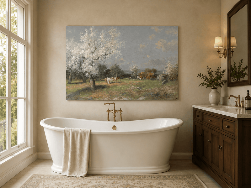 Landscape Oil Painting - Spring Pasture Cows & Blossoming Trees