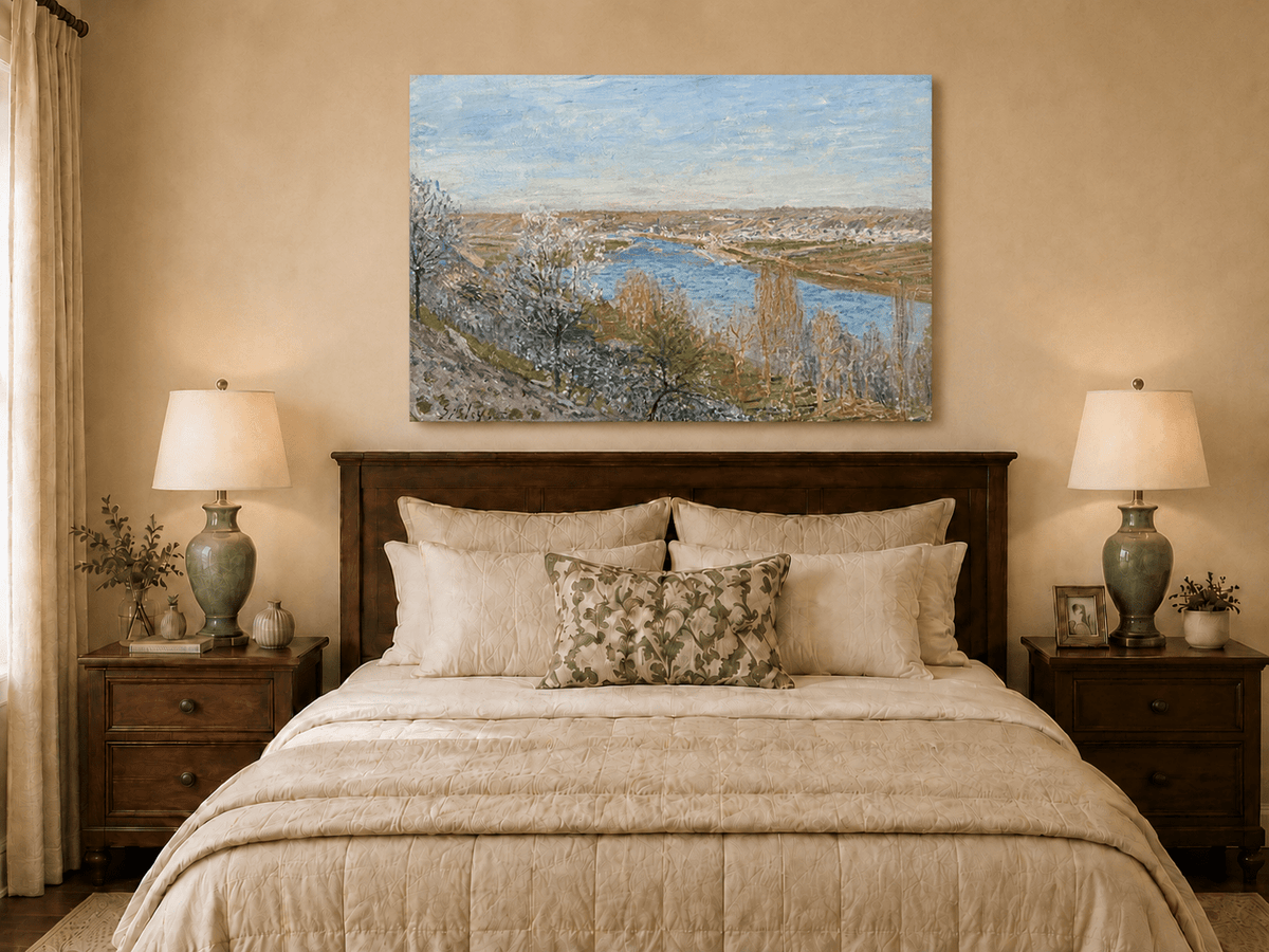 Spring river valley oil painting displayed as landscape wall decor.