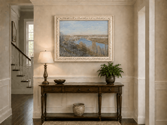 Spring river valley and blossoming trees hand-painted oil artwork shown as home wall decor.